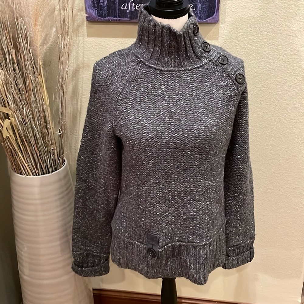 Lole Chunky Knit Wool Blend Funnel Neck Button Pullover Sweater Gray Marbled L